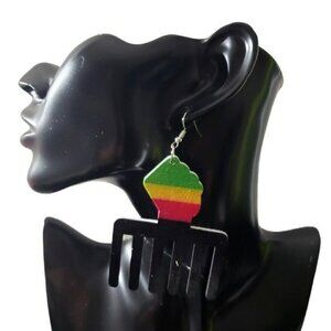 Womens Multicolor Wooden Afro Pick African American Retro French Hook Earrings